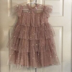 Pink Tulle Ruffle Dress with Gold Star Accents